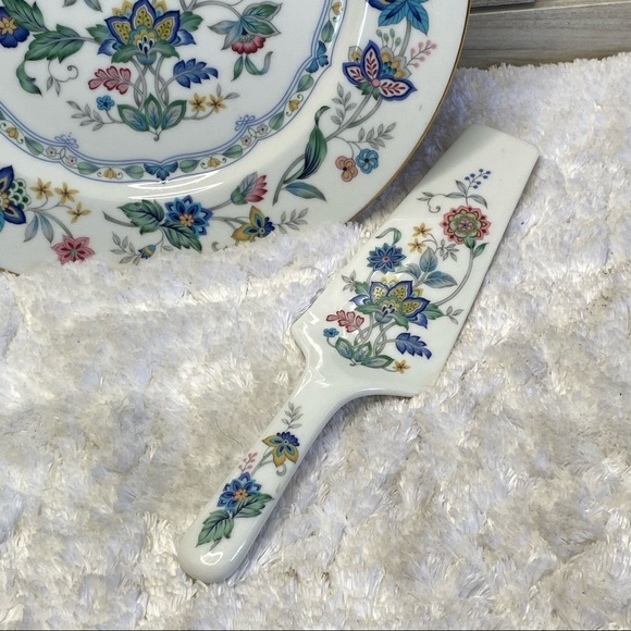 Andrea by Sadek Cake Plate & Server Set Multicolor Floral/Leaf Design W/GoldRim - Picture 4 of 9